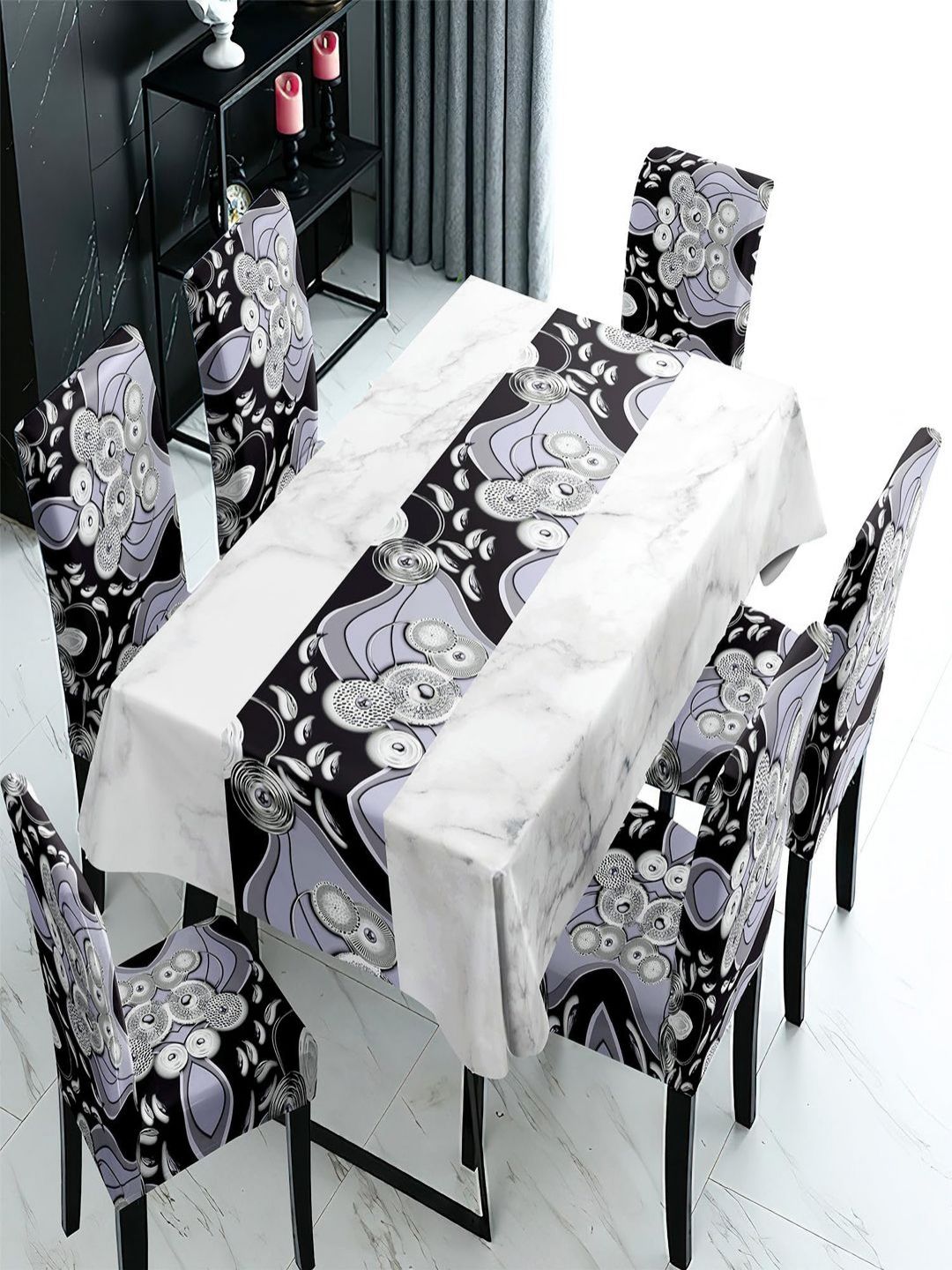 HOKIPO 7-Pcs Black & White Printed Chair Covers With Table Cover