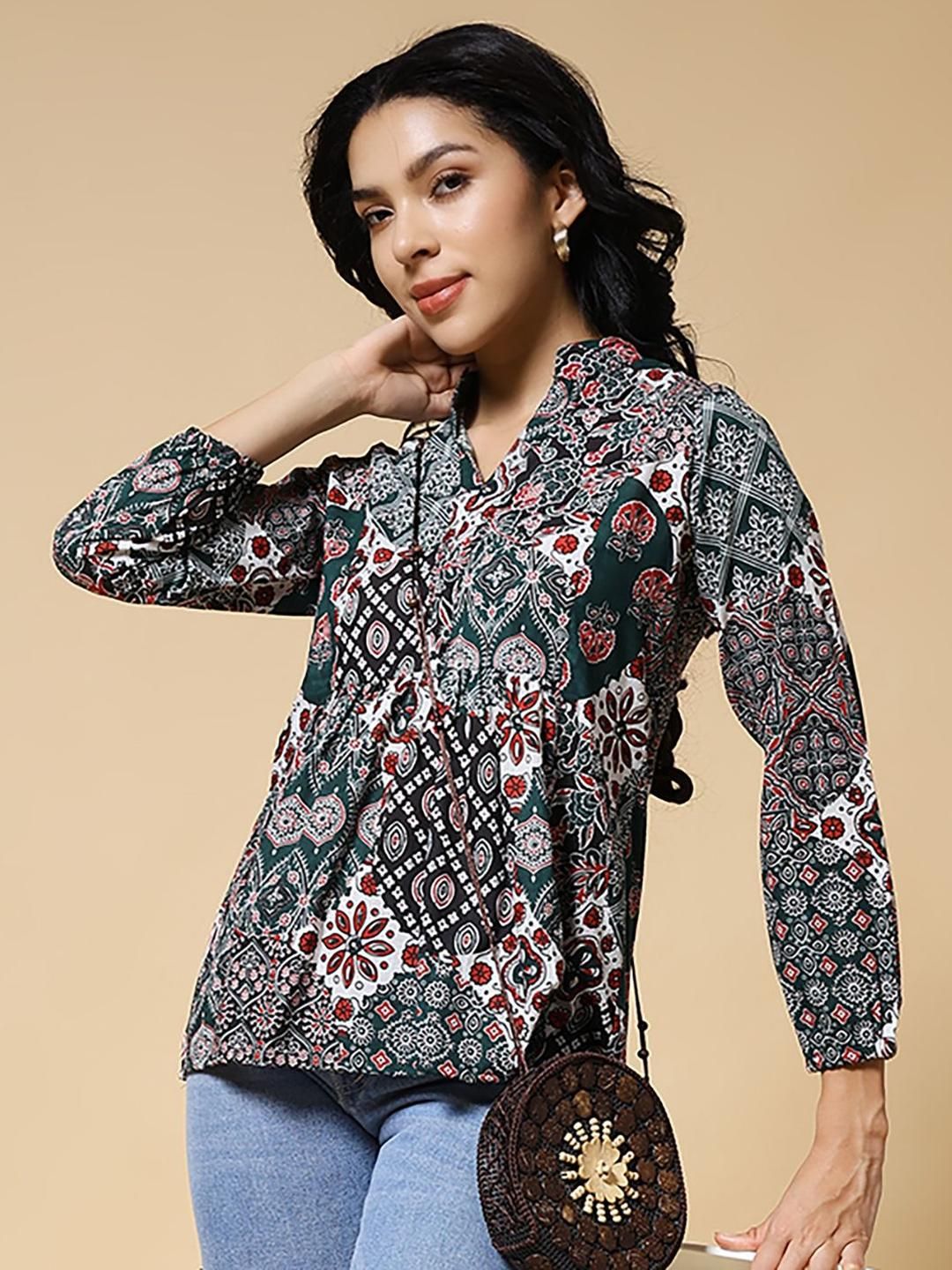 Womenster Women Ethnic Printed Mandarin Collar Cotton Ethnic Tunic