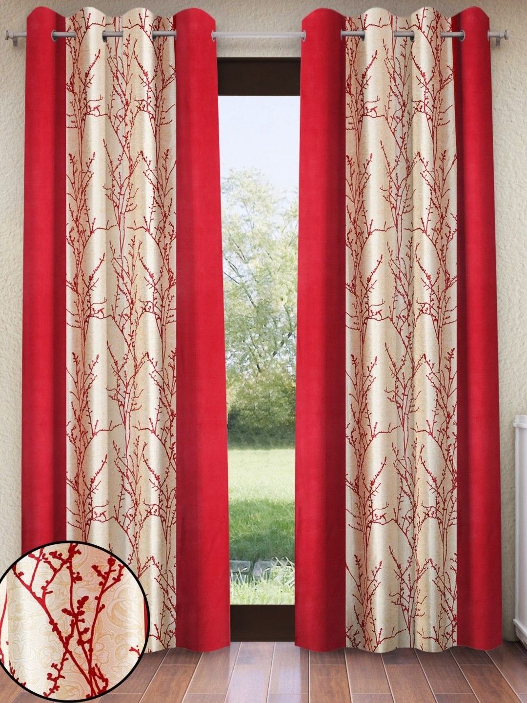 Home Sizzler Home Sizzler Red & Cream 2 Pieces Floral Printed Window Curtains