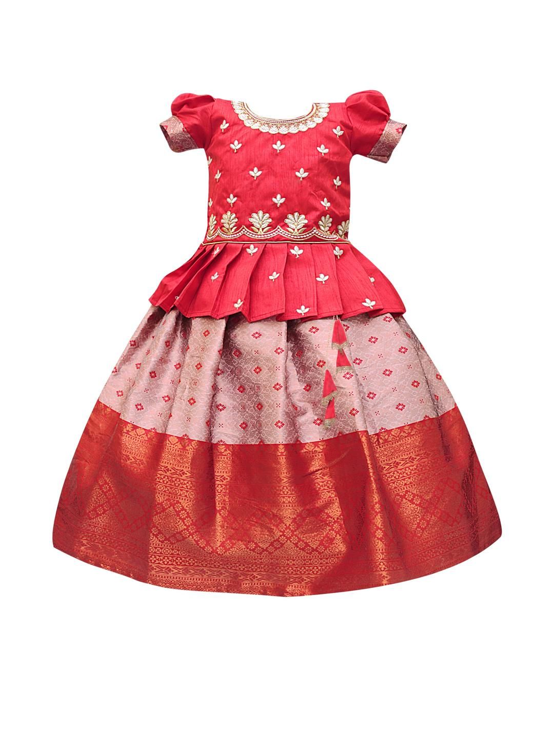 PW PLATYPUS WORLD Girls Red Cotton Blouse & Lehenga