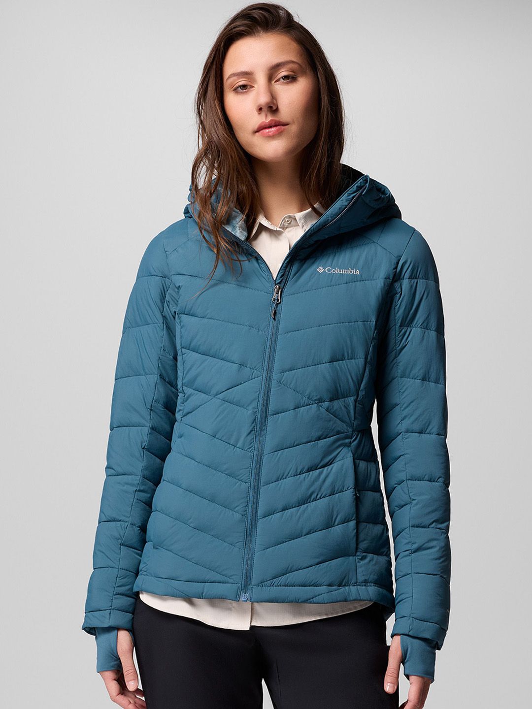 希少カラー】Columbia hooded puffer jacket 水色 セール】撥水 防寒