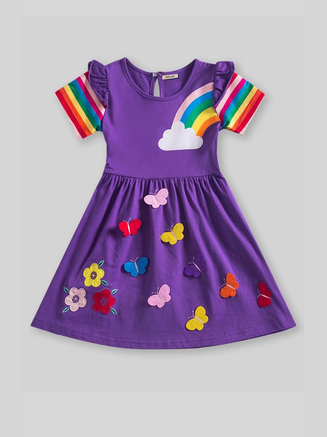 INCLUD Girls Embellished Embroidered Rainbow Stripes Applique Fit & Flare Dress