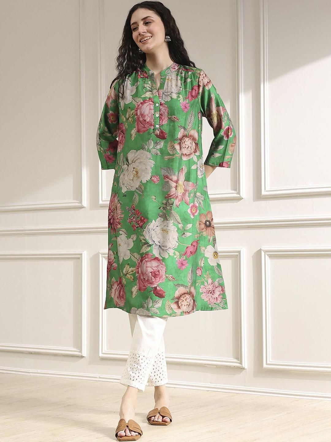 Women Floral Printed Kurta Biba Women Floral Printed Sequinned Kurta
