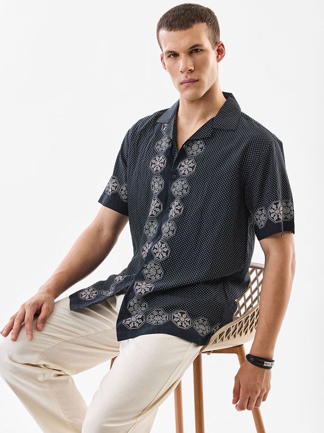 Snitch Geometric Printed Cuban Collar Relaxed Fit Shirt