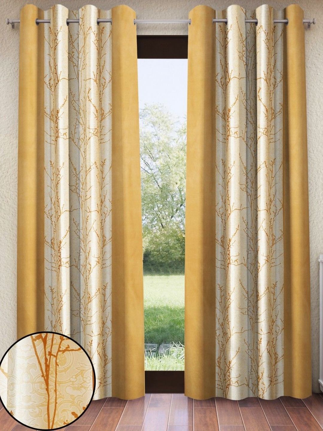 Home Sizzler Home Sizzler Gold-Toned & Cream 2 Pieces Floral Printed Window Curtains