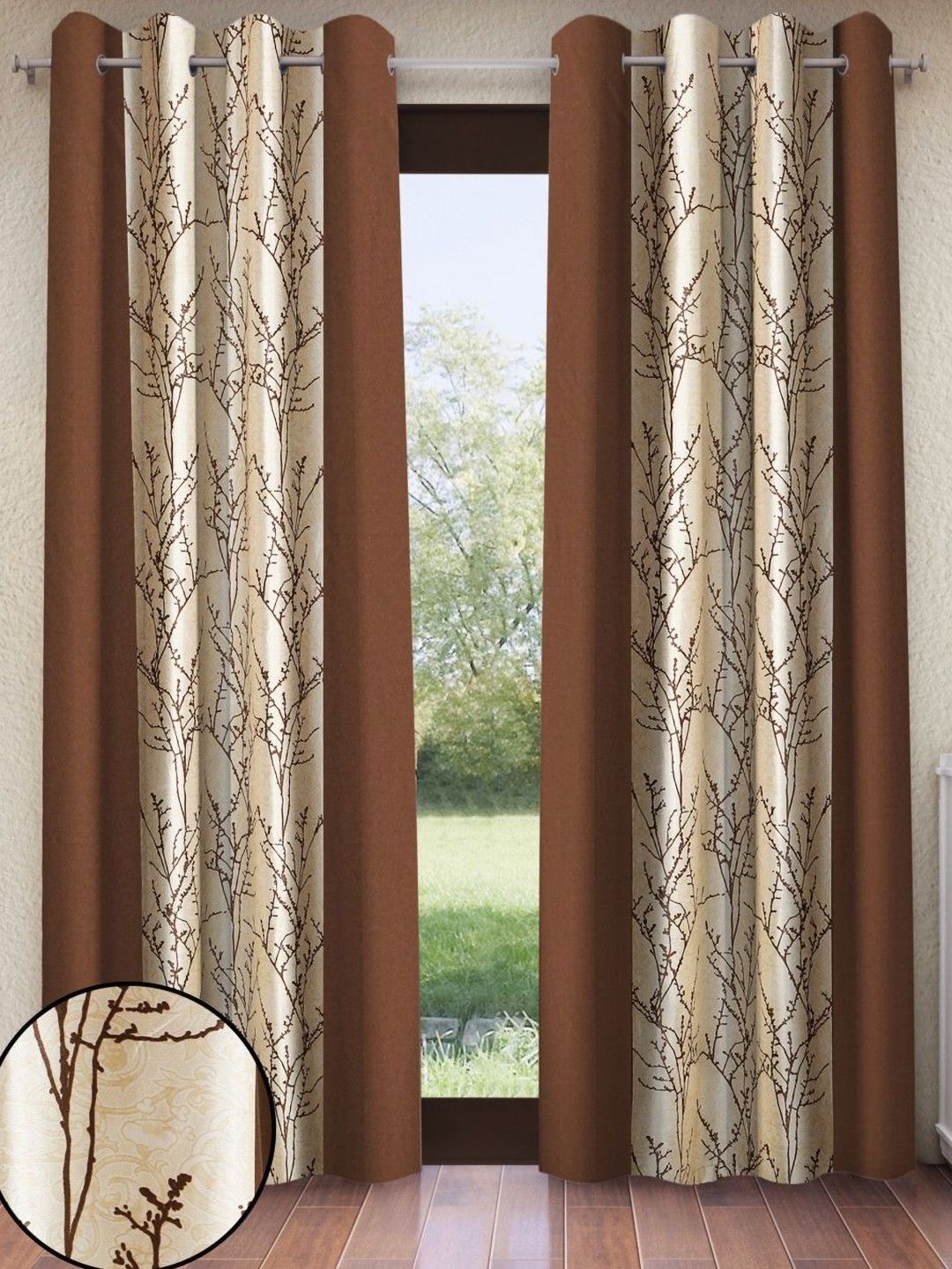 Home Sizzler Brown & Cream 2 Pieces Floral Long Door Curtains