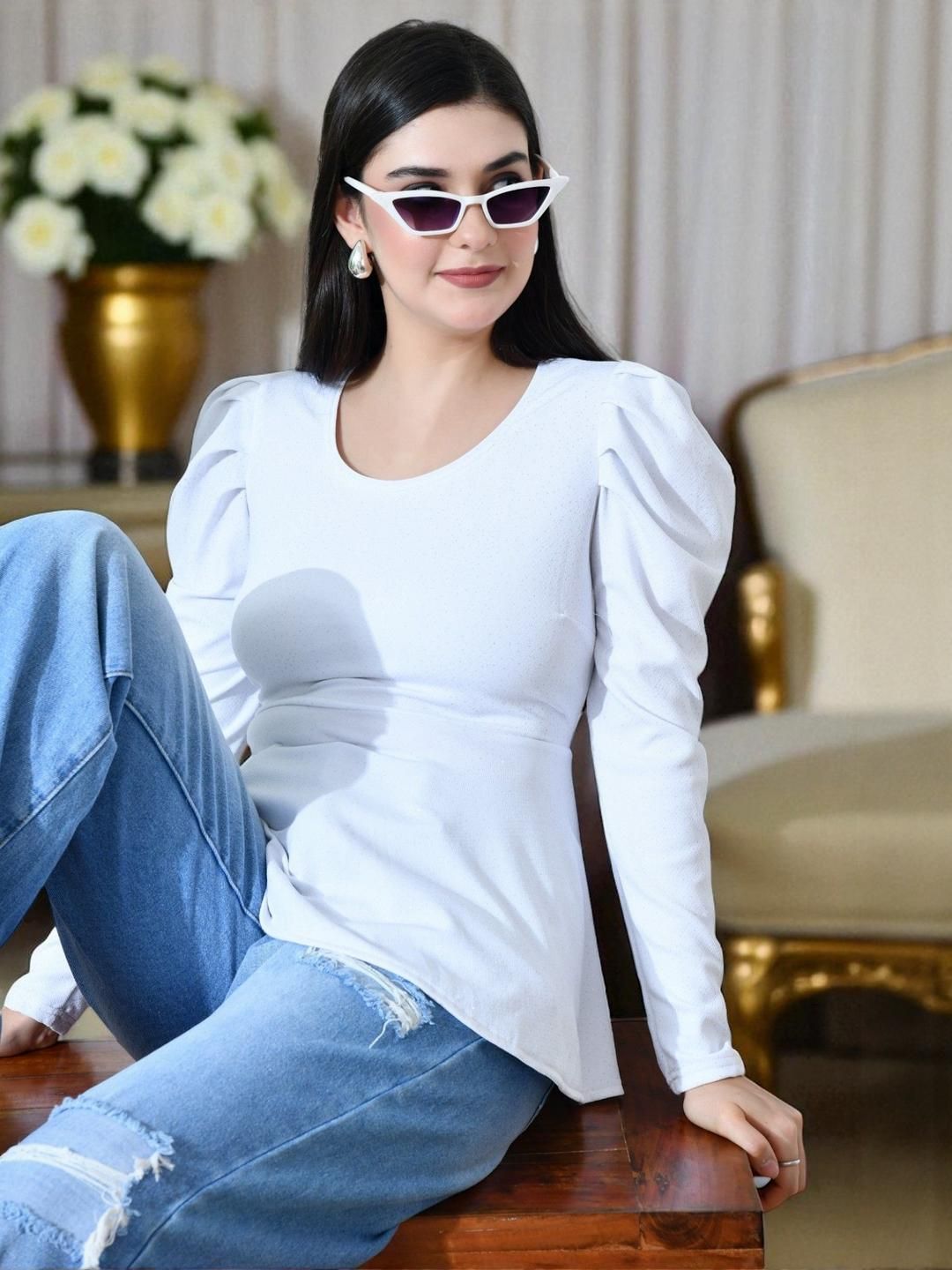 BAESD Women Round Neck Puff Sleeves Top