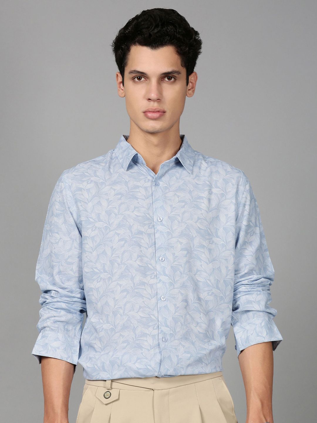 British Club Men Smart Slim Fit Floral Printed Spread Collar Cotton Formal Shirt