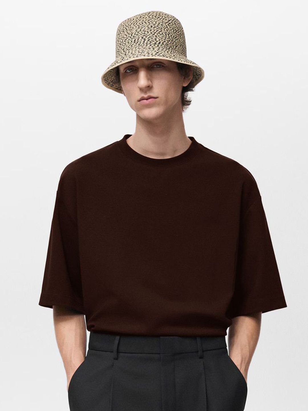 MISCHIEF MONKEY Men Solid Round Neck Pure Cotton Oversized T-shirt