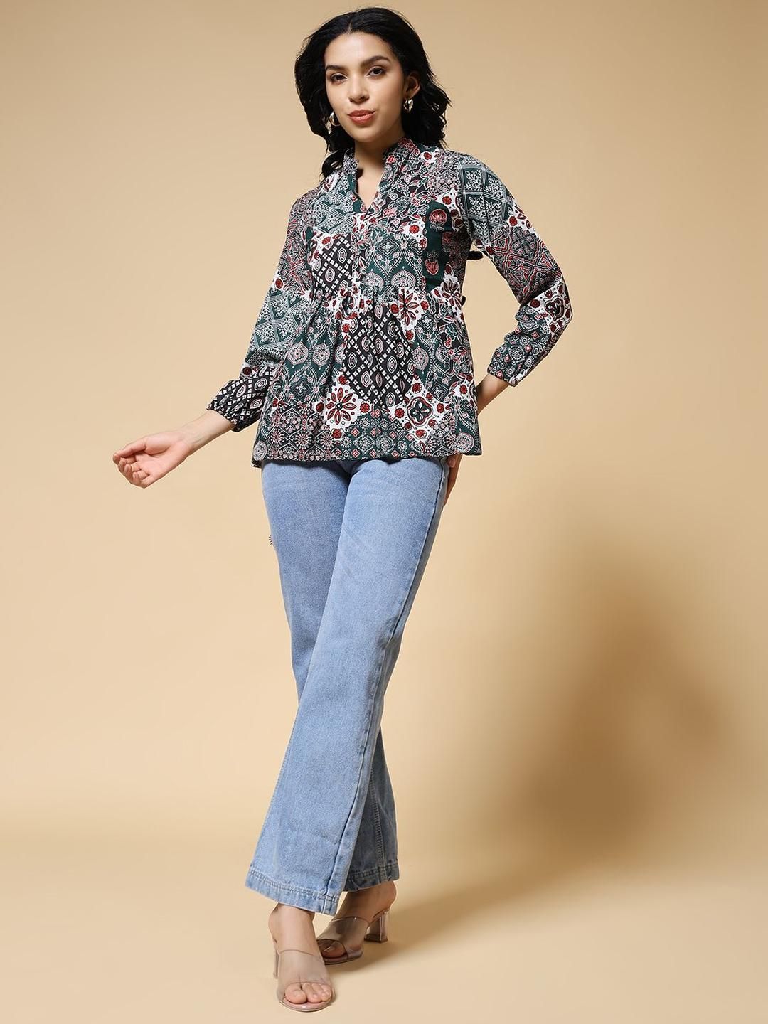 Womenster Women Ethnic Motifs Printed Bandhani Mandarin Collar Cotton Peplum Top