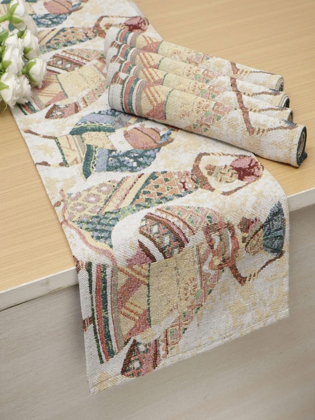 HOKIPO 5Pcs Cream-Colored & Brown Dining Table Placemats With Runner