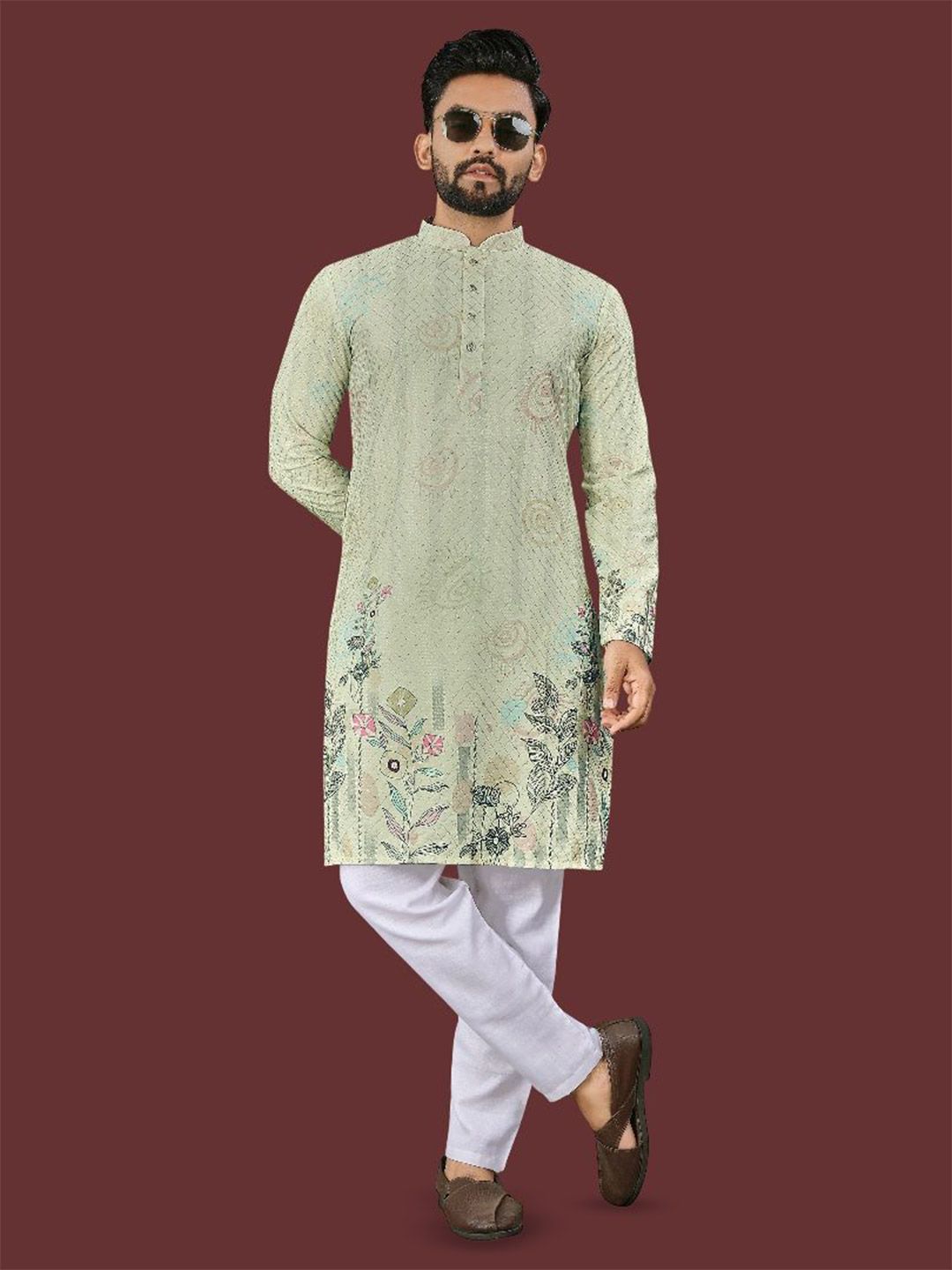 WELL TEX Men Floral Embroidered Mandarin Collar Kurta Set