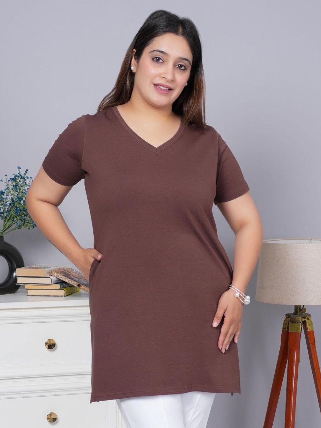 Mlada Women Regular Fit V-Neck Long Cotton Tshirt with 2 Side Pockets