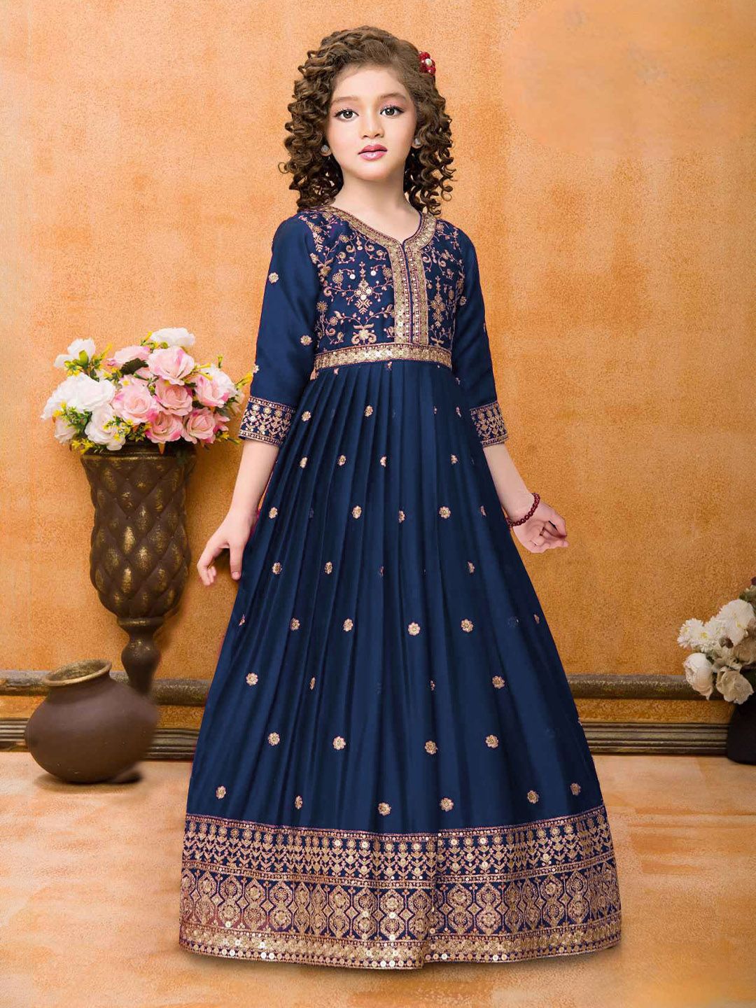 Wommaniya Impex Girls Floral Embroidered Maxi Dress