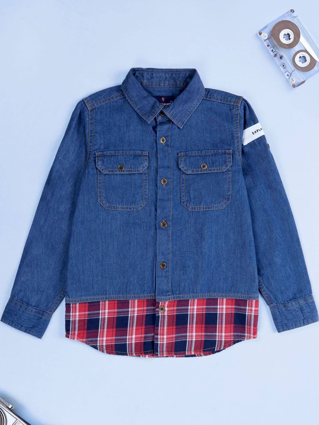 KiddoPanti Boys Printed Spread Collar Denim Pure Cotton Shirt