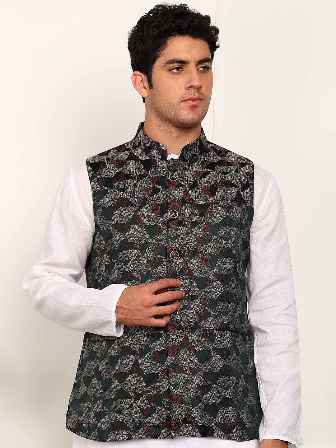 House of Pataudi Woven Design Mandarin Collar Nehru Jacket