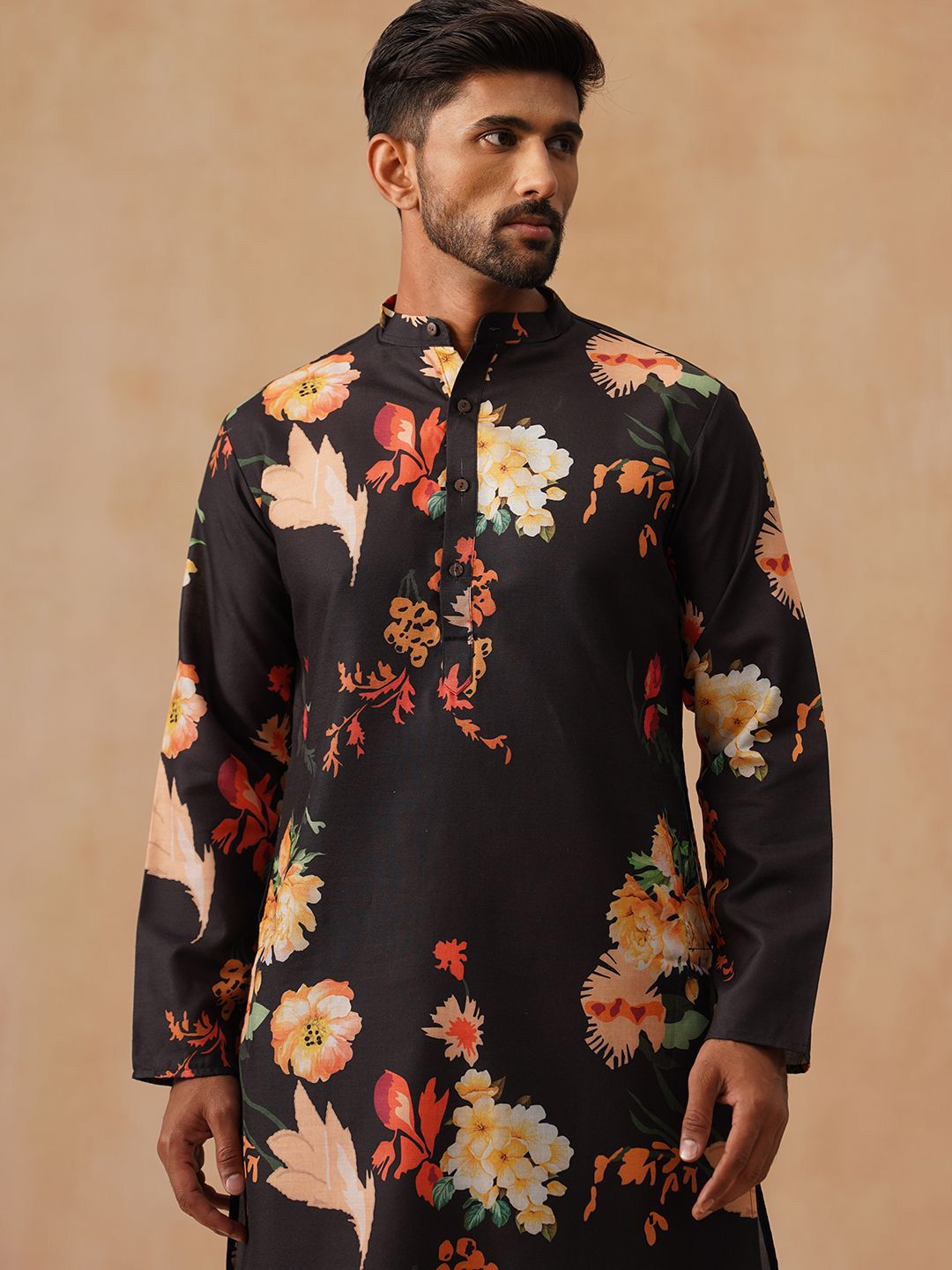 Jompers Floral Printed Mandarin Collar Straight Cotton Kurta
