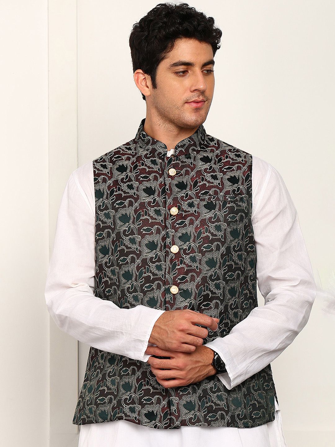House of Pataudi Woven Design Mandarin Collar Nehru Jacket