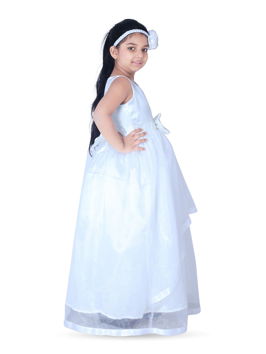 BAESD Girls V-Neck Bow Detail Net Fit and Flare Maxi Dress