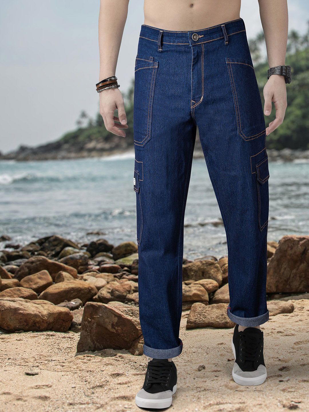 RIG BONE Men Loose Relaxed Fit Clean Look No Fade Stretchable Cotton Jeans