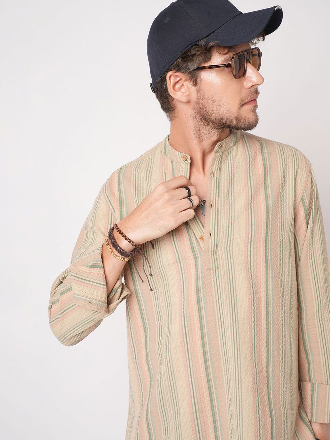 VASTRADO Men Striped Band Collar Straight Cotton Republic Day Kurta