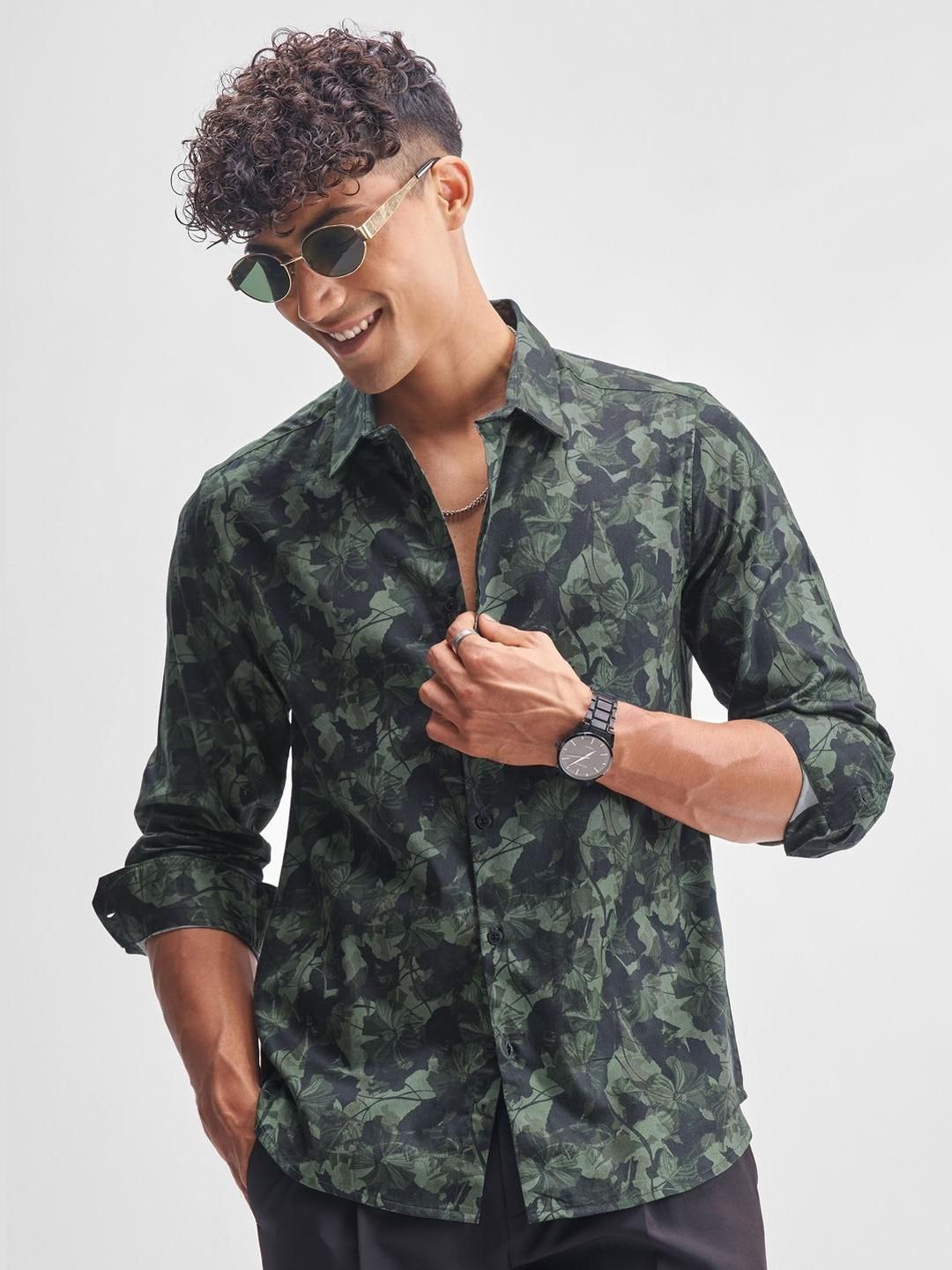 HIGHLANDER Slim Fit Floral Printed Cutaway Collar Cotton Casual Shirt