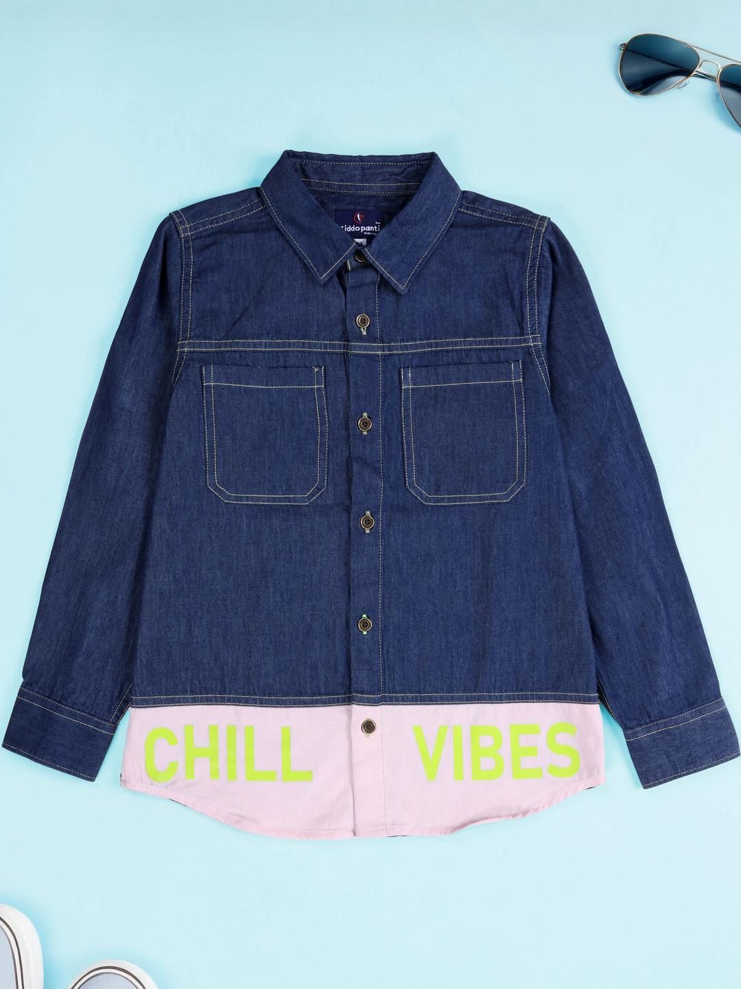 KiddoPanti Boys Printed Spread Collar Denim Pure Cotton Shirt