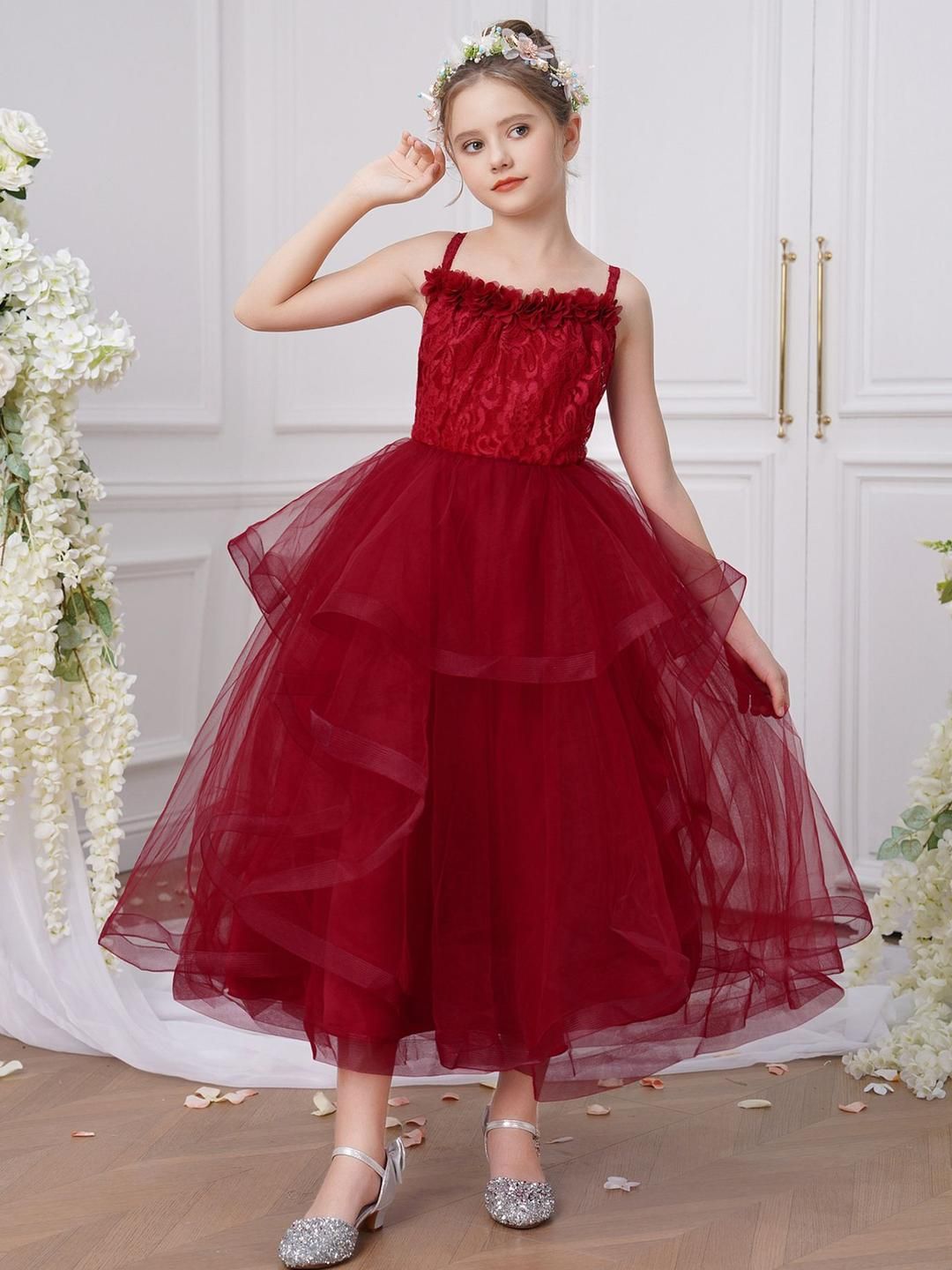 StyleCast x Revolte Girls Solid Shoulder Straps Georgette Fit & Flare Midi Dress