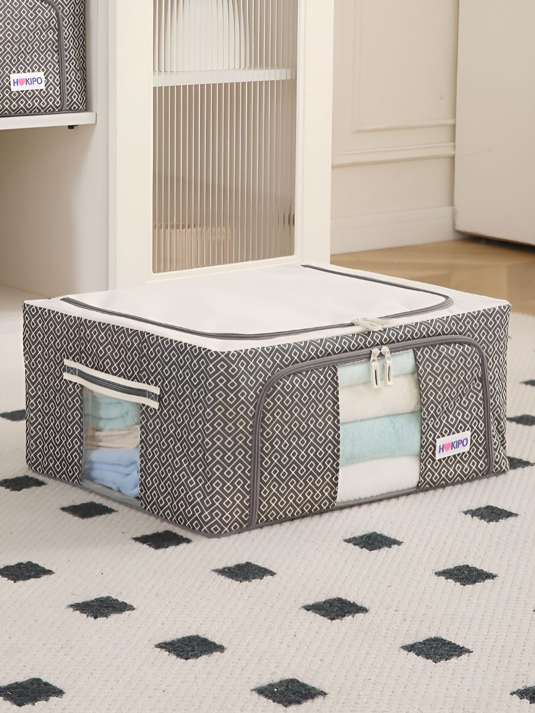 HOKIPO Grey & Beige Printed Cloth Storage Box Organisers for Wardrobe - 44L