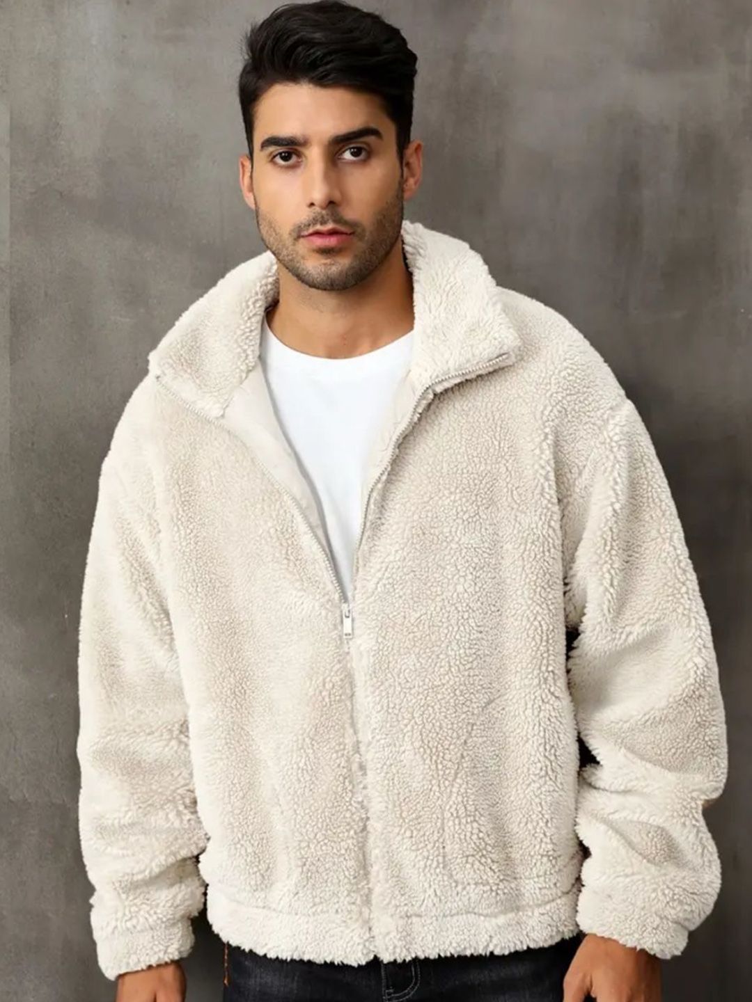 Be Savage Men Stand Collar Solid Lightweight Sherpa Jacket