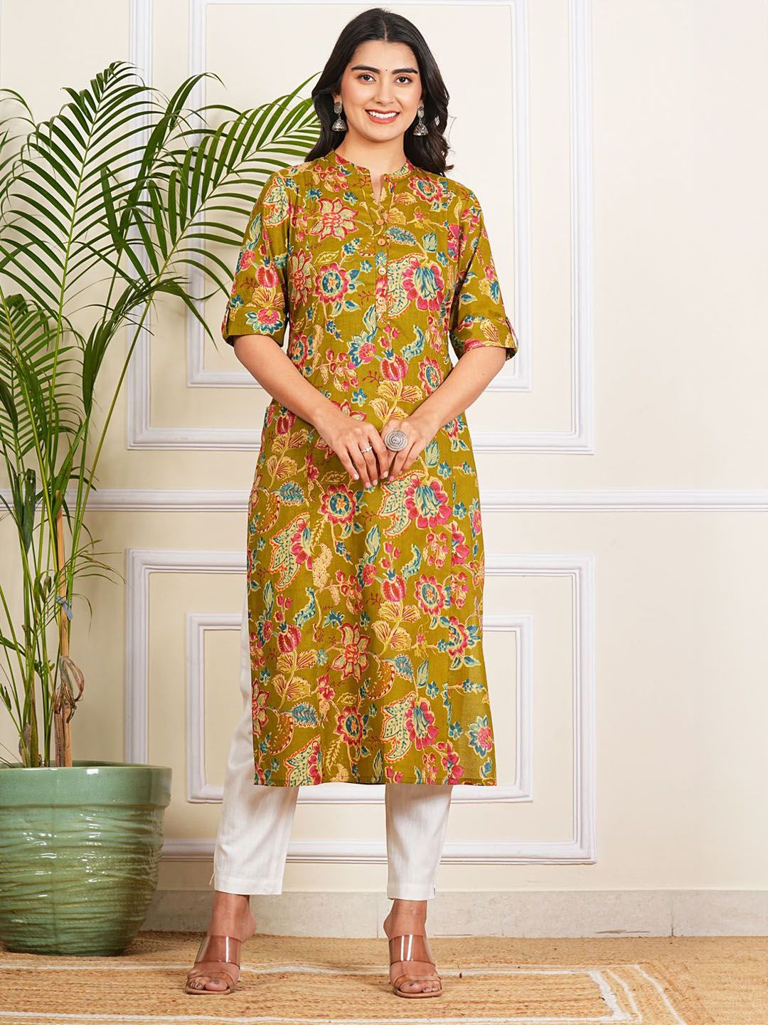 Krati Creations Krati Creations Floral Printed Mandarin Collar Cotton Kurta