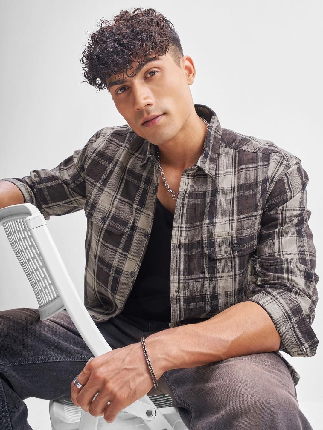 HIGHLANDER Men Relaxed Fit Buffalo Checked Spread Collar Cotton Casual Shirt