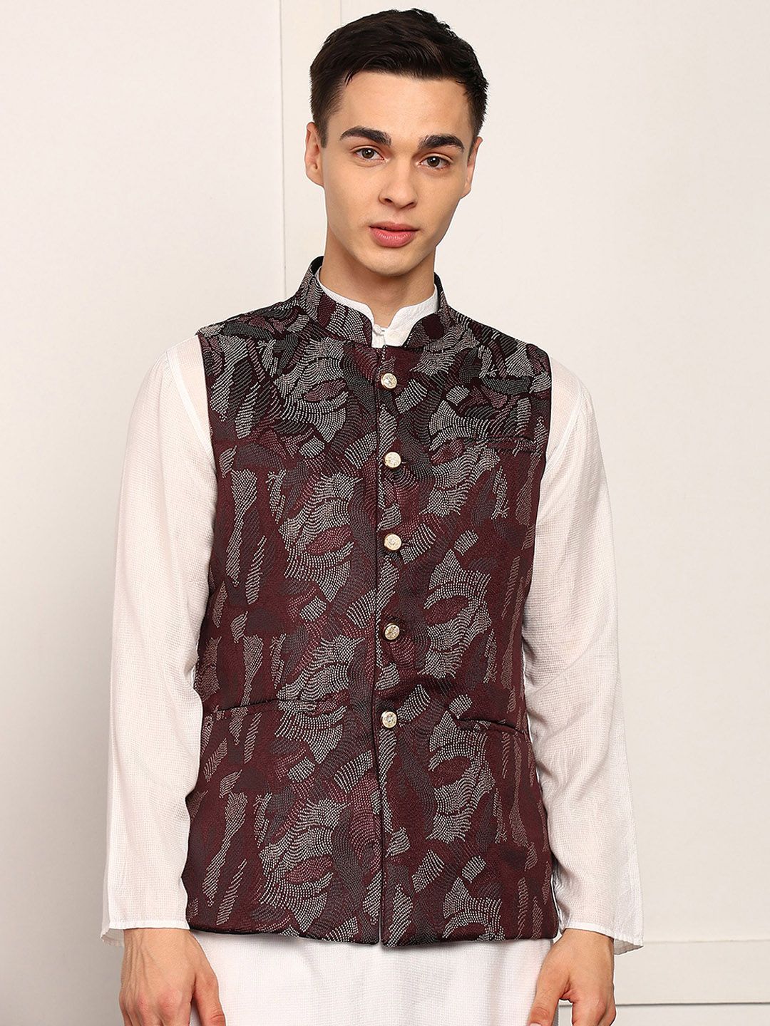 House of Pataudi Woven Design Mandarin Collar Nehru Jacket