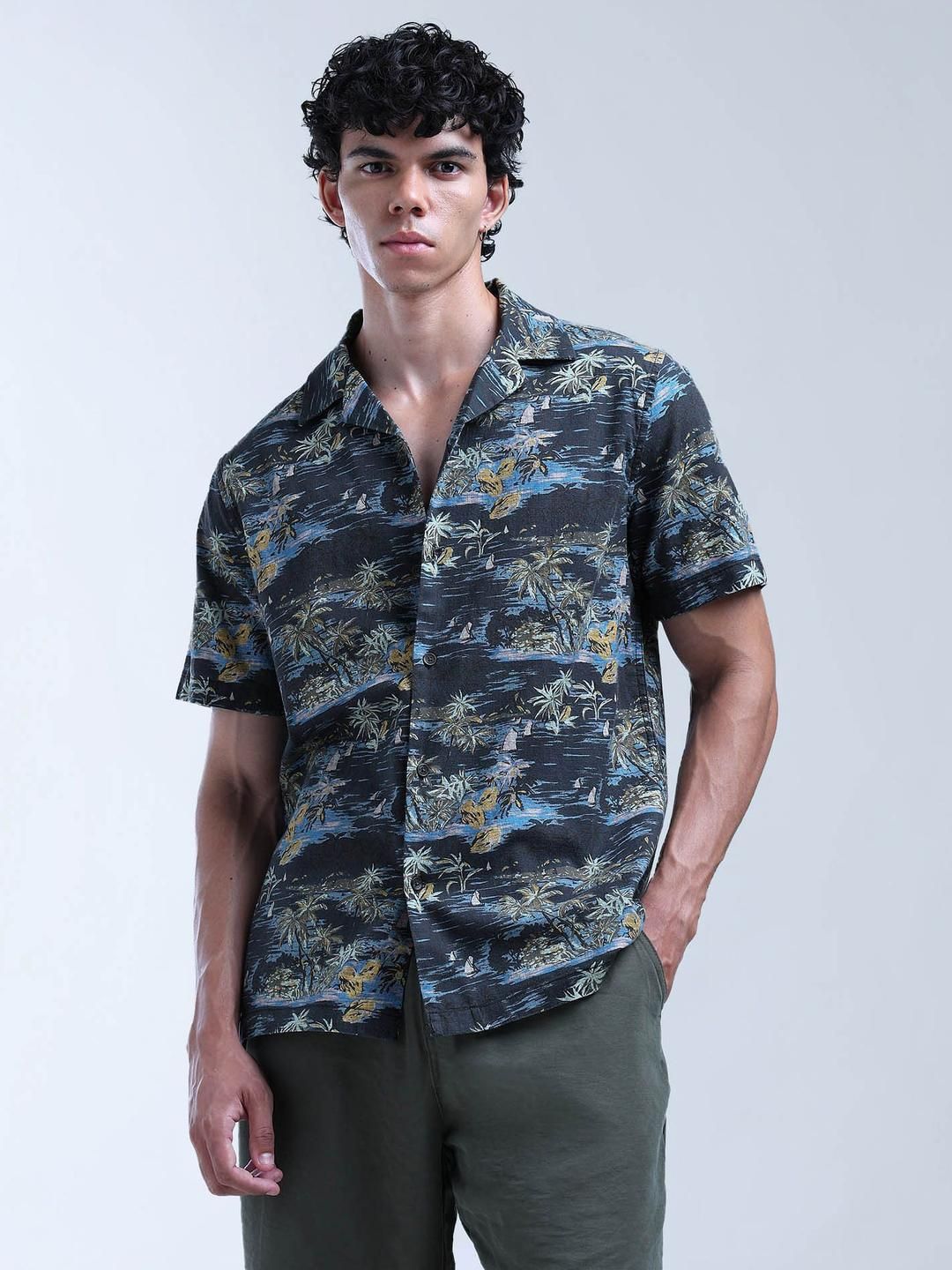 Men Printed Cotton Shirt Flying Machine Men Floral Printed Cuban Collar Pure Cotton Casual Shirt