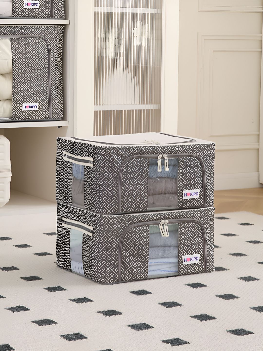 HOKIPO Grey & White 2 Pieces Cloth Storage Box Organisers for Wardrobe - 24L