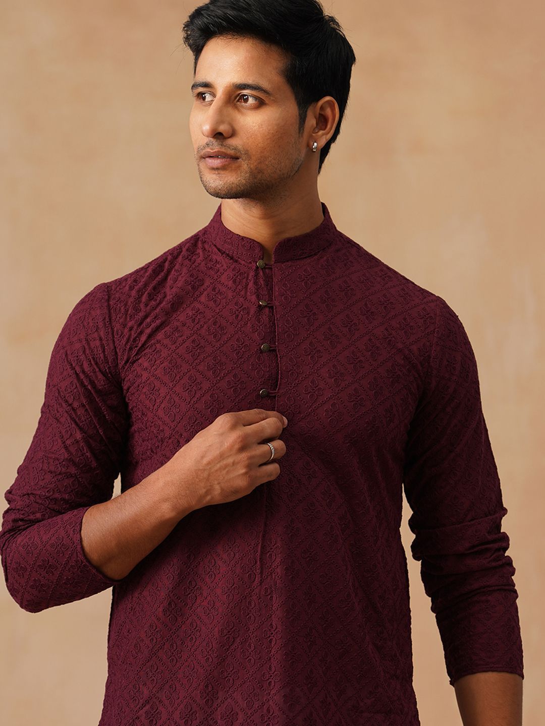 Jompers Floral Embroidered Mandarin Collar Chikankari Cotton Straight Kurta