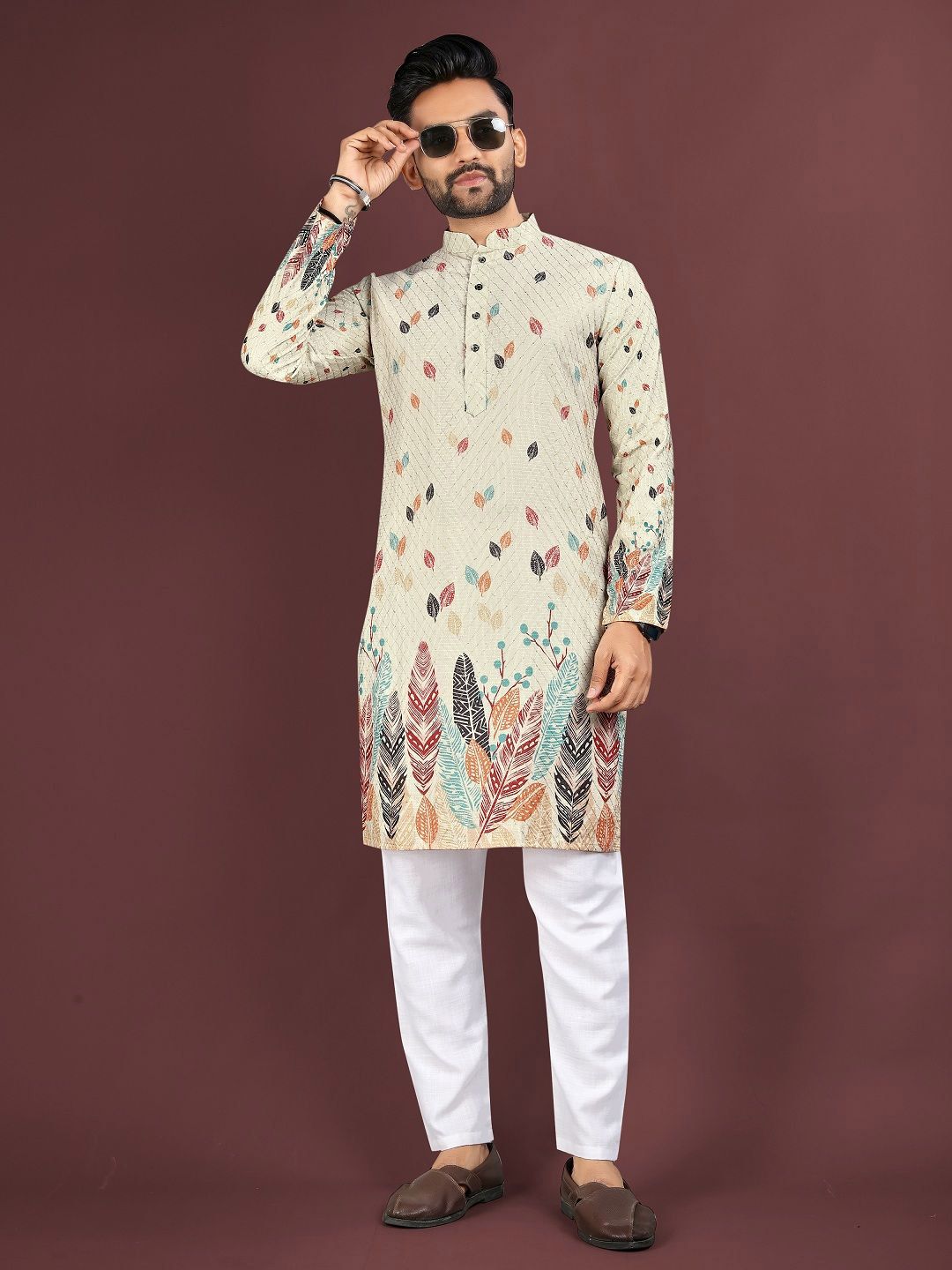 WELL TEX Men Floral Printed Mandarin Collar Kurta