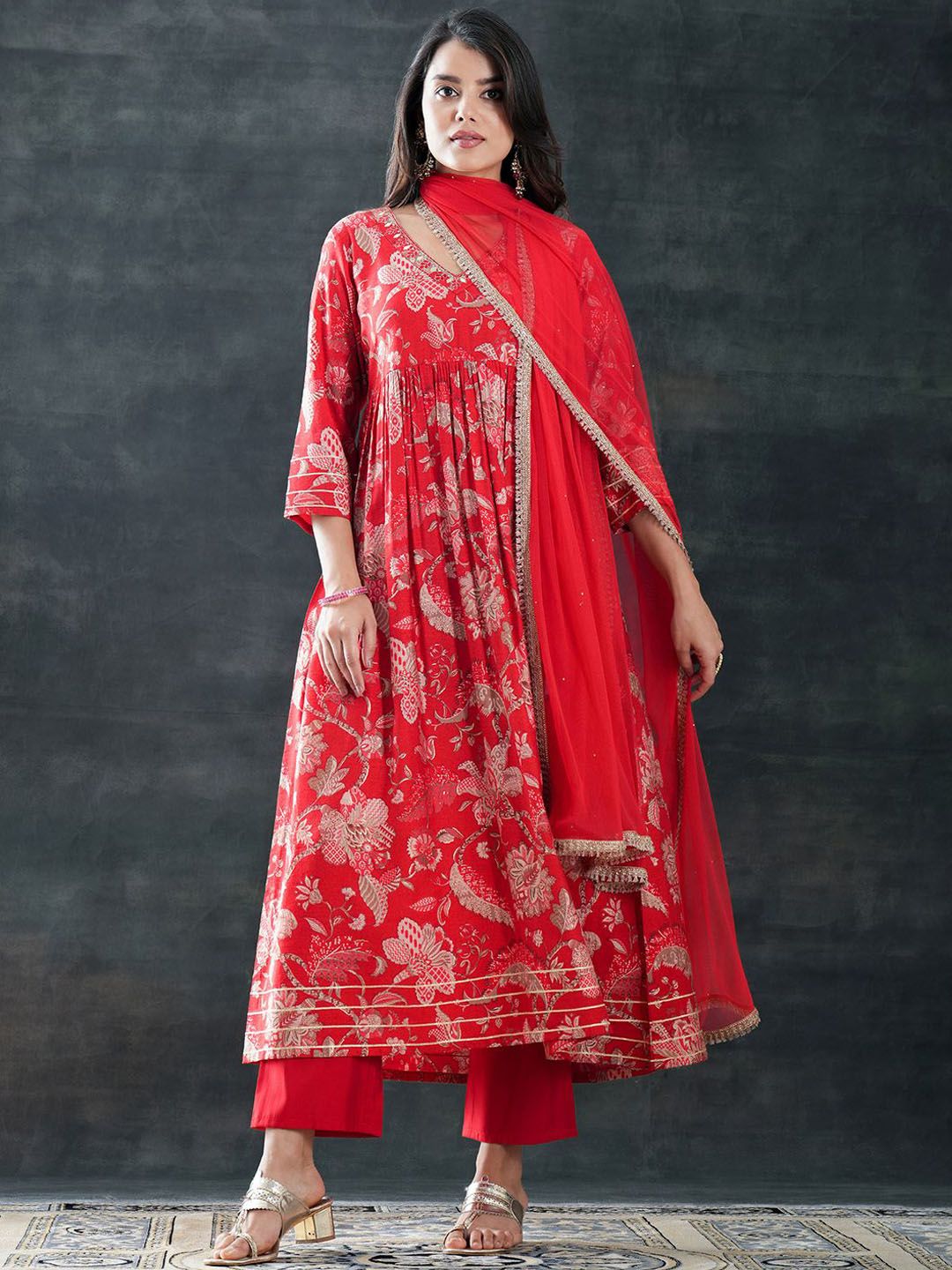 Libas Libas Womens Red Printed Anarkali Kurta With Trousers & Dupatta