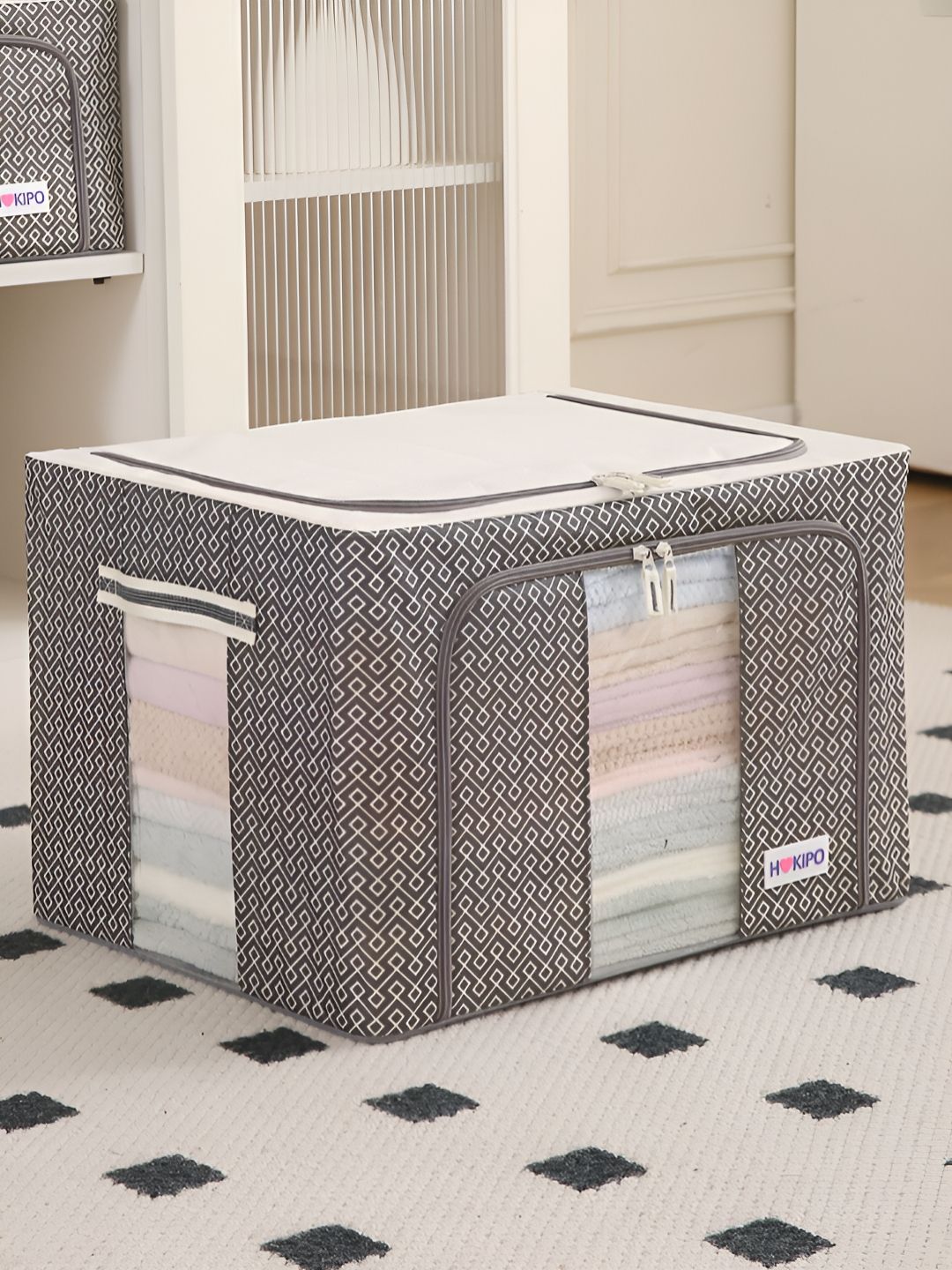 HOKIPO Grey Set of 1 Multi-Utility Cloth Storage Box Organisers for Wardrobe - 66L