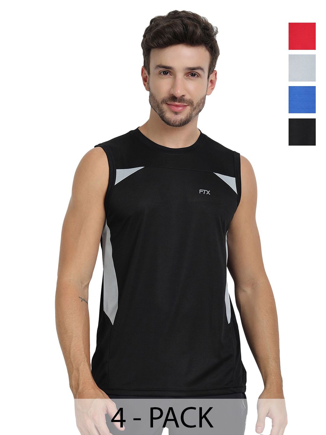FTX Men Pack of 4 Dri-FIT Colourblocked Round Neck T-shirts