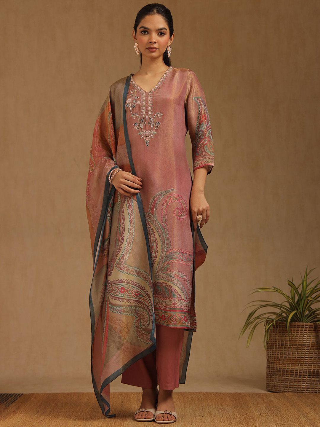 Printed Straight Kurta Set Soch Floral Printed V-Neck Beads And Stones Straight Kurta With Trousers And Dupatta