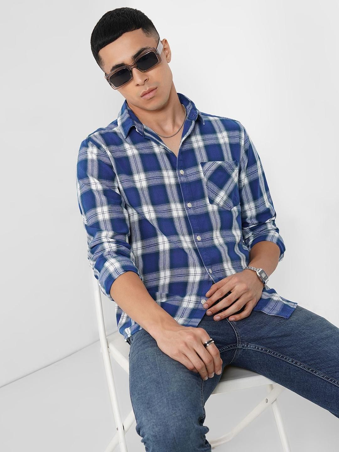 SF JEANS by Pantaloons Slim Fit Tartan Checked Twill Weave Pure Cotton Casual Shirt