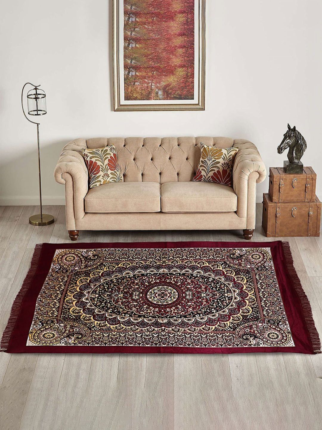 RUBOXA Maroon Ethnic Motifs Printed Anti-Skid Velvet Carpet