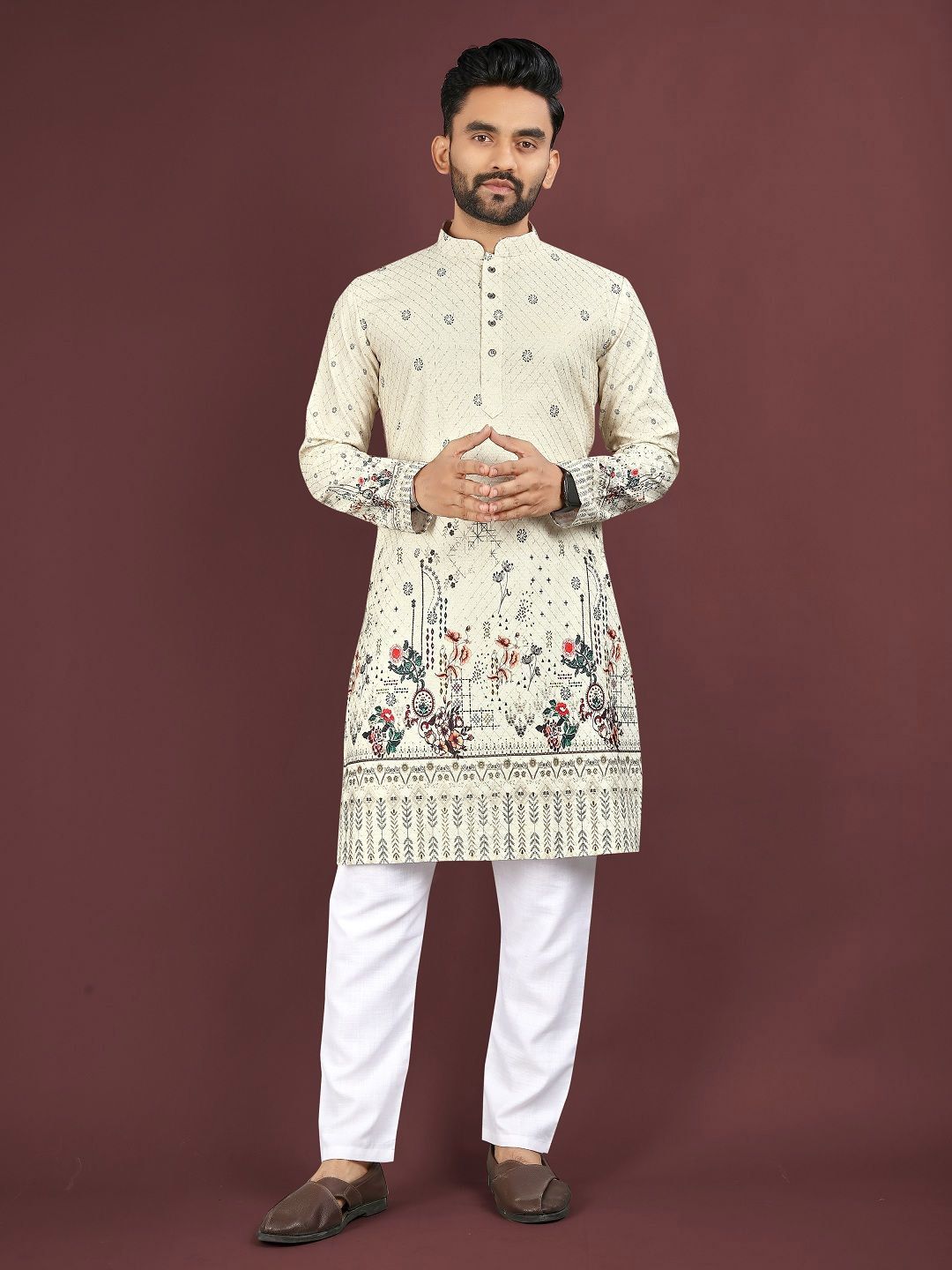 WELL TEX Men Floral Printed Mandarin Collar Casual Kurta