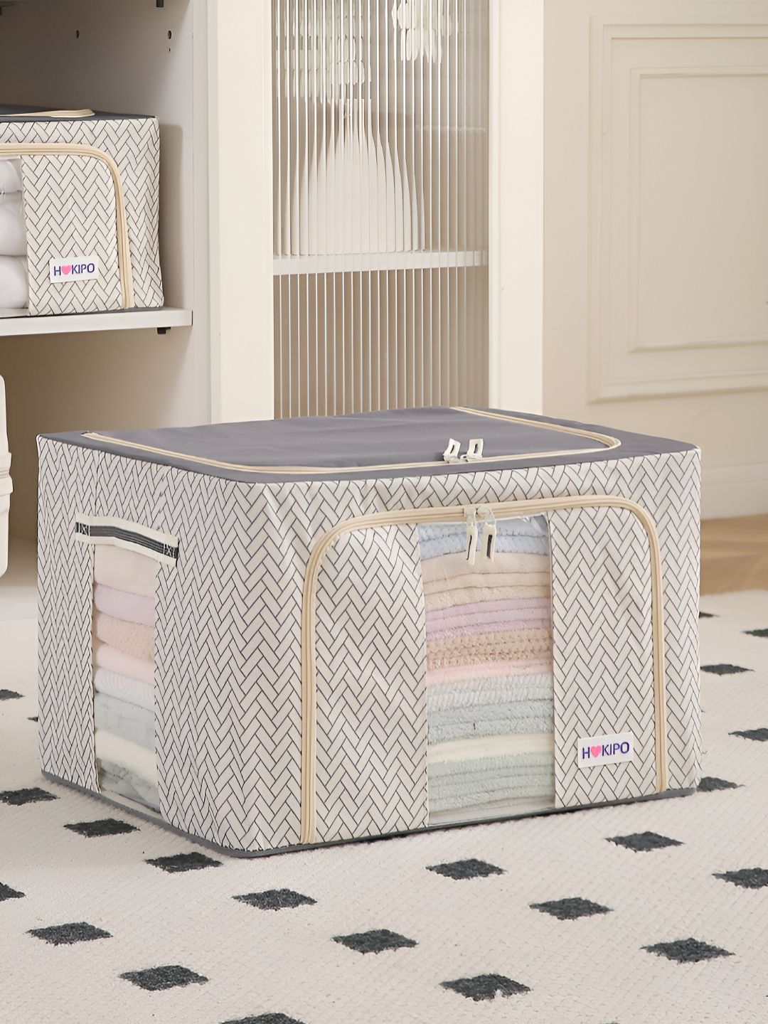 HOKIPO Cream-Coloured Set of 1 Cloth Storage Box Organisers for Wardrobe - 66L