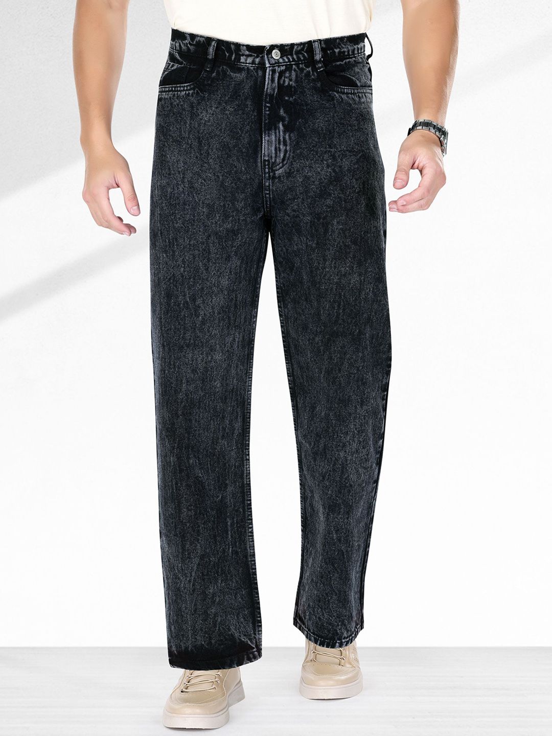 me Queen Men Straight Fit Clean Look Heavy Fade Cotton Jeans