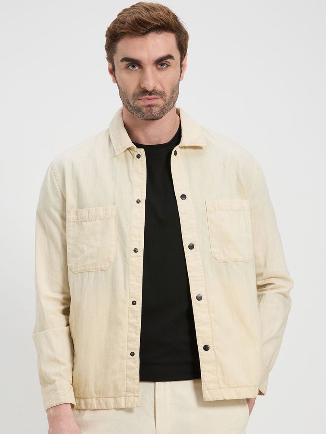 ONEMILE Men Spread Collar Solid Cotton Tailored Jacket