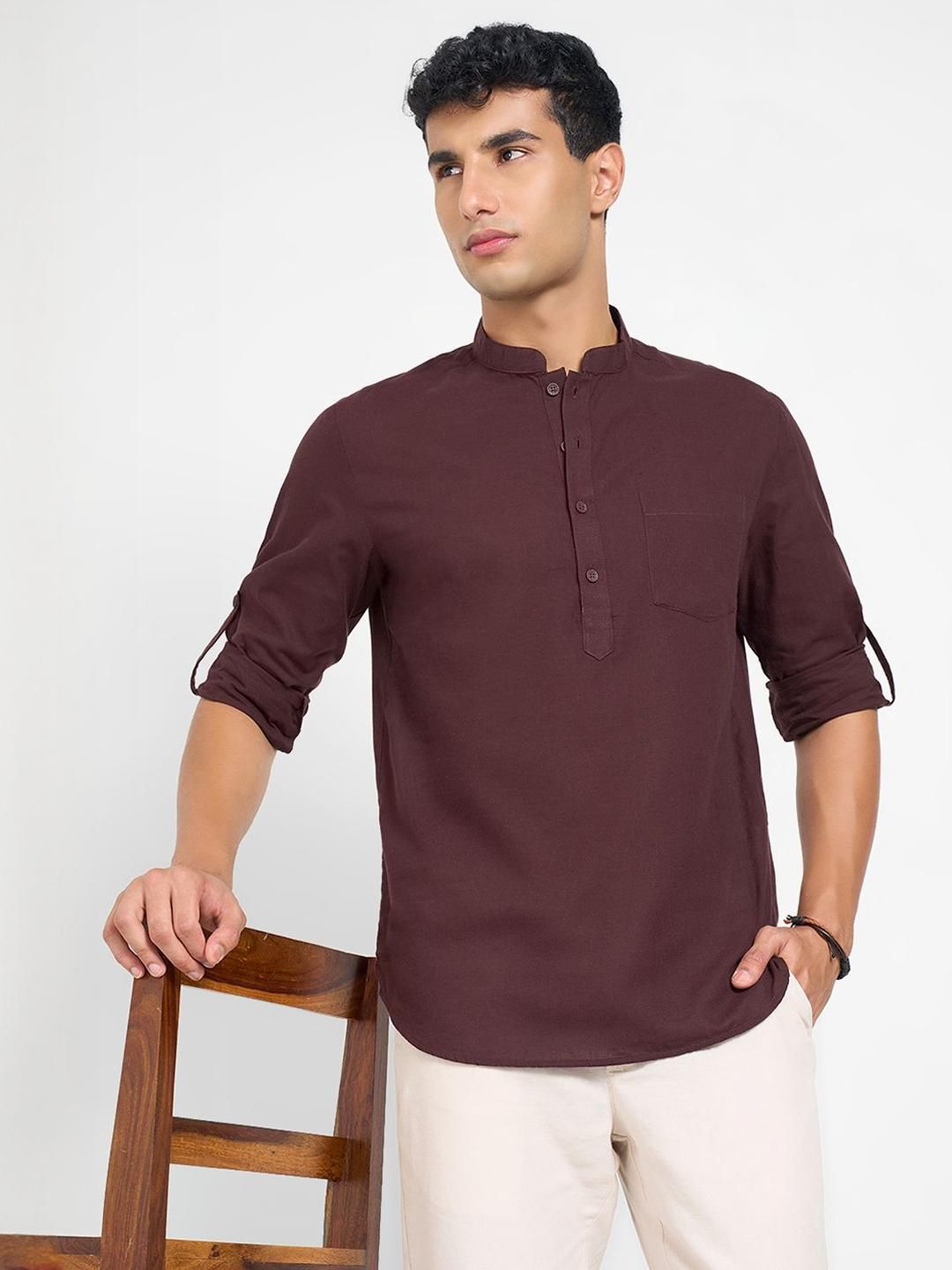 indus route by Pantaloons Mandarin Collar Roll-Up Sleeves Pure Cotton Straight Kurta