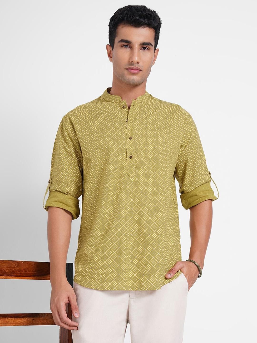indus route by Pantaloons Men Geometric Printed Daily Pure Cotton Straight Short Kurta