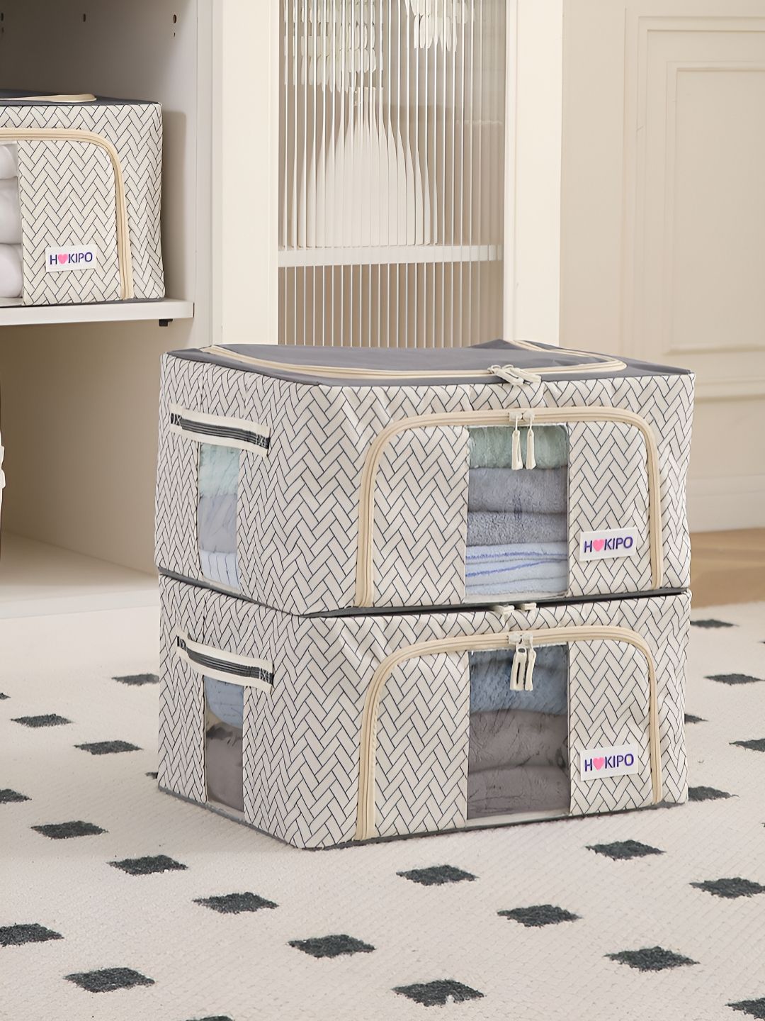 HOKIPO Cream-Coloured Set of 2 Cloth Storage Box Organisers for Wardrobe - 24L